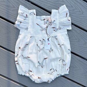 NWT Pink Chicken Seagulls Print Bubble Romper with Ruffle Sleeves